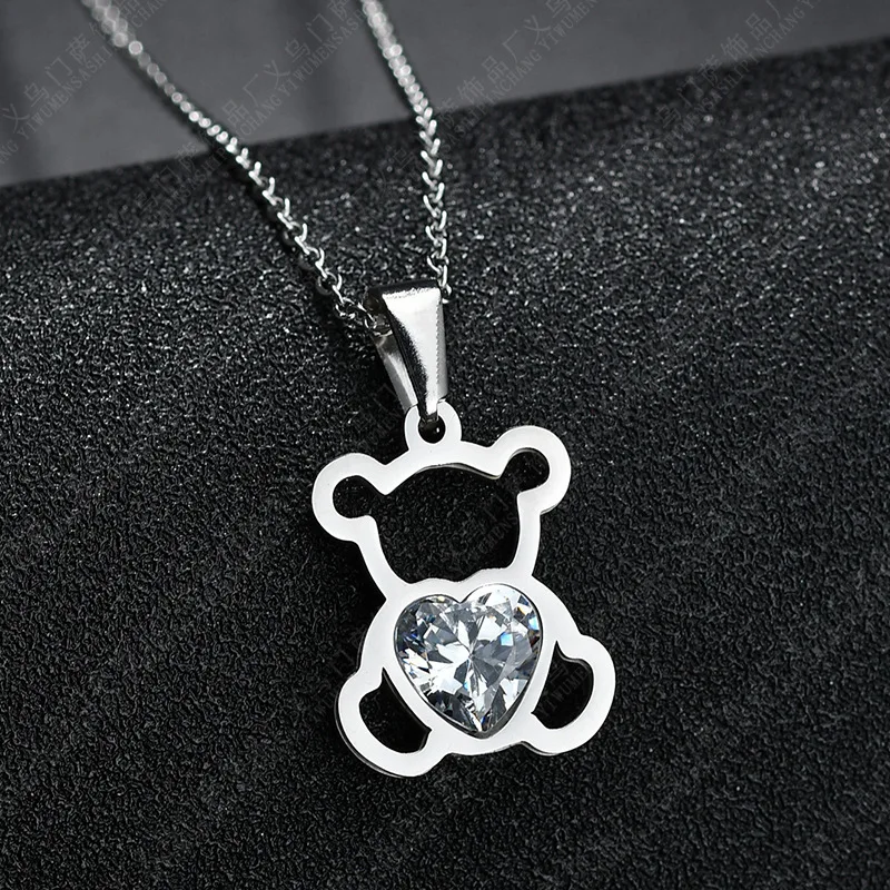 

Charm Love Cartoon Bear Stainless Steel Pendant Necklace AAA Cubic Zircon Heart Necklaces for Women Men Gift Bijoux Jewelry
