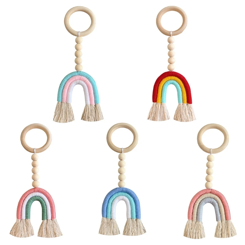 

Baby Teething Ring Rainbow Tassel Wooden Beads Nursing Teether Toy Play Gym Hanging Stroller Pendant Rattle Infants Shower Gift
