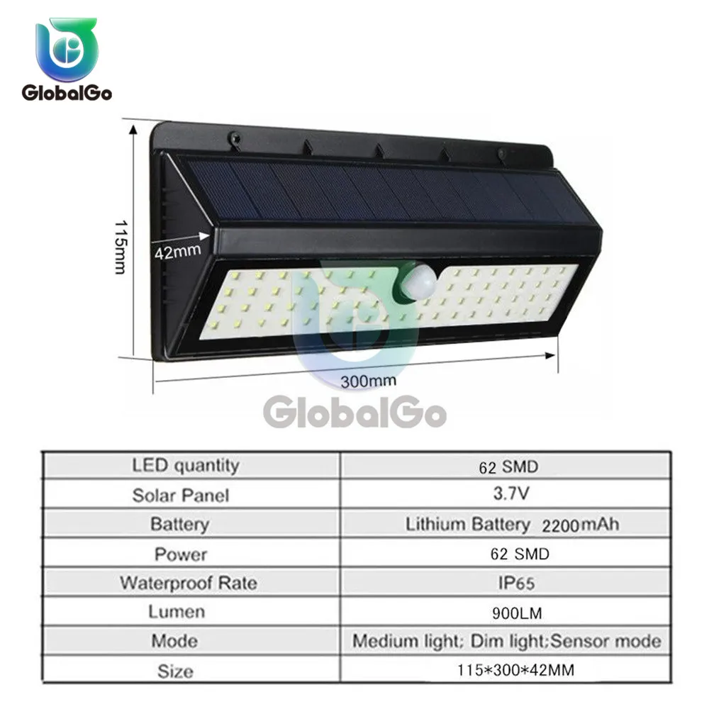 62 LED наружный Солнечный настенный светильник PIR датчик движения Солнечная лампа