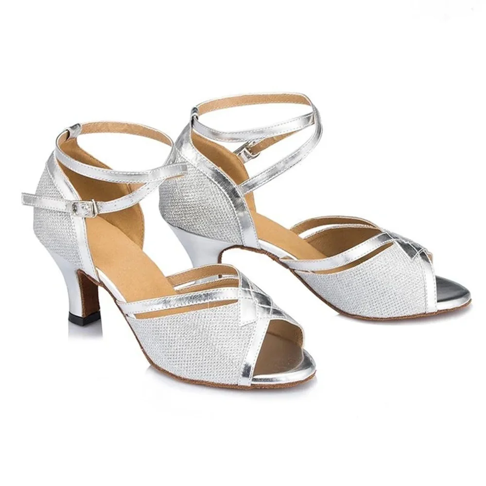 Latin Silver Dance Shoes Sparkling Glitter 6cm Heel Ballroom  Adult Ladies Salsa Tango  Trainer Dance Shoes High Heel Sandals