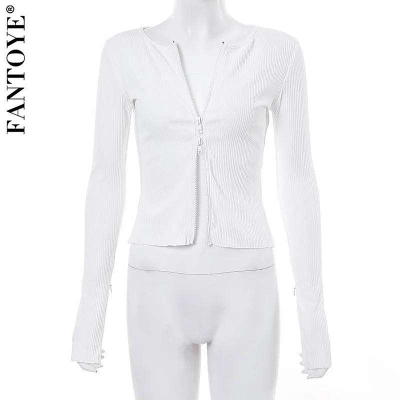 Женский трикотажный свитер Fantoye с V-образным вырезом в рубчик на молнии длинными