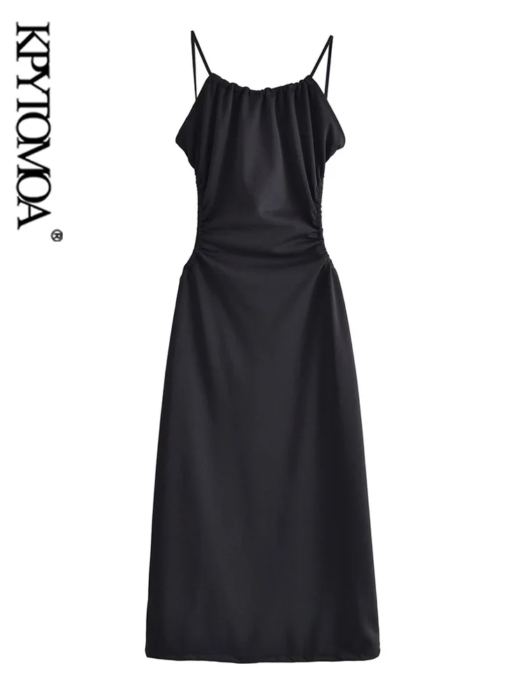 

KPYTOMOA женское модное с завязывающимся драпированным миди-платье винтажные женские платья с открытой спиной на тонких бретельках Vestidos Mujer