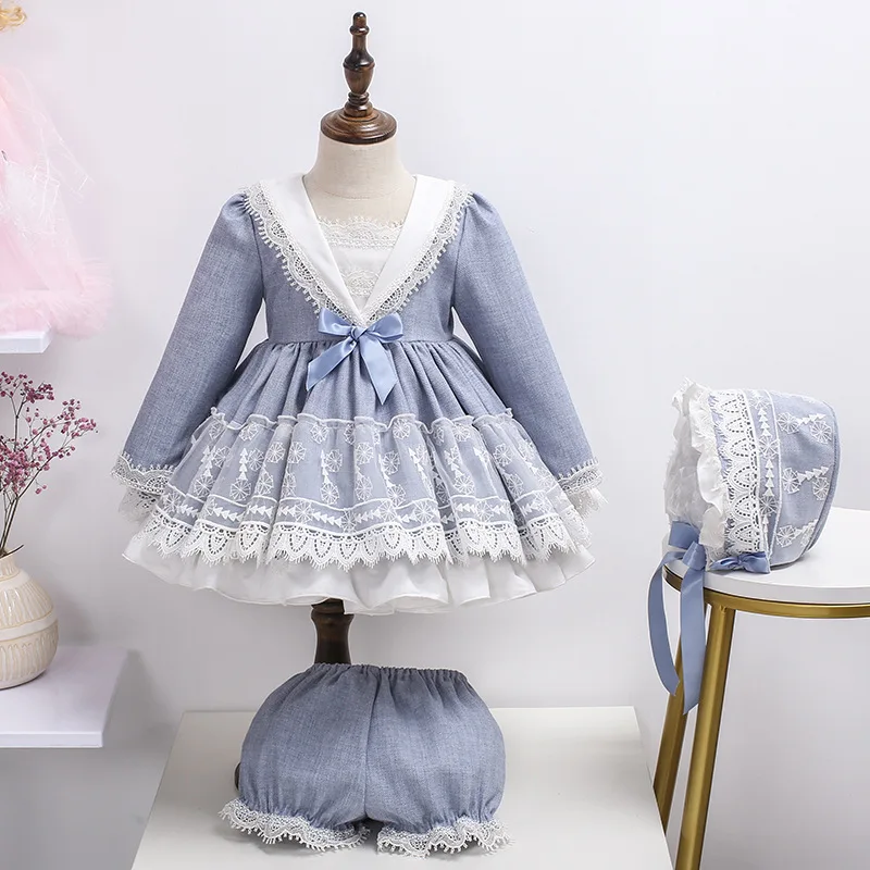 

3Pcs Baby Girl Vintage Spain Dress Children Royal Lolita Princess Dresses Toddler Girls Birthday Vestidos Infant Lace Bow Gown