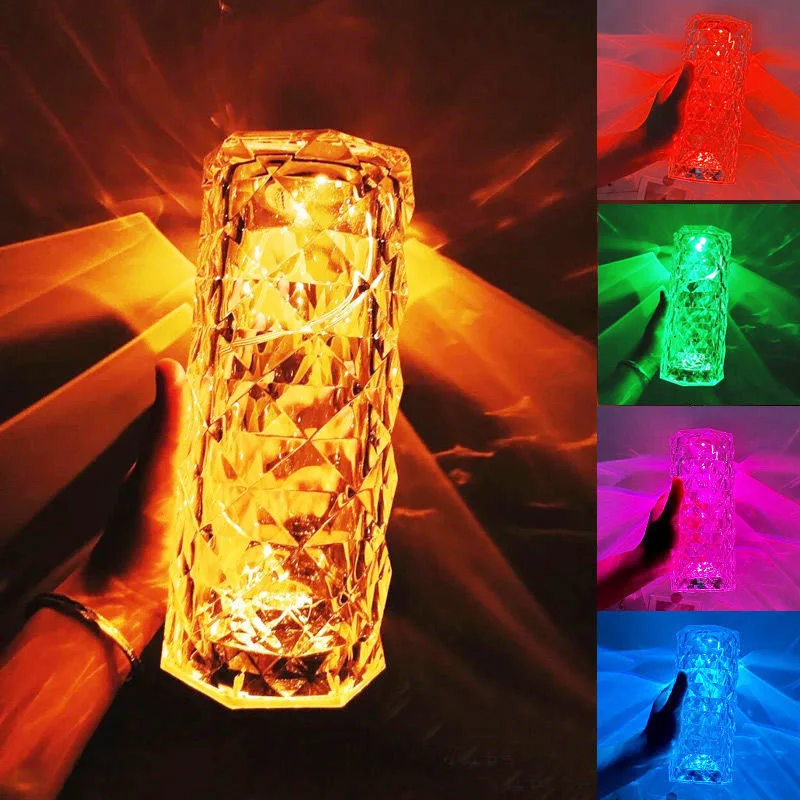 Multicolor Lamp Atmosphere Diamond Rose USB Table Desk Night Light Acrylic Crystal Lighting Gift Bar Decorative Bedroom Bedside | Лампы и