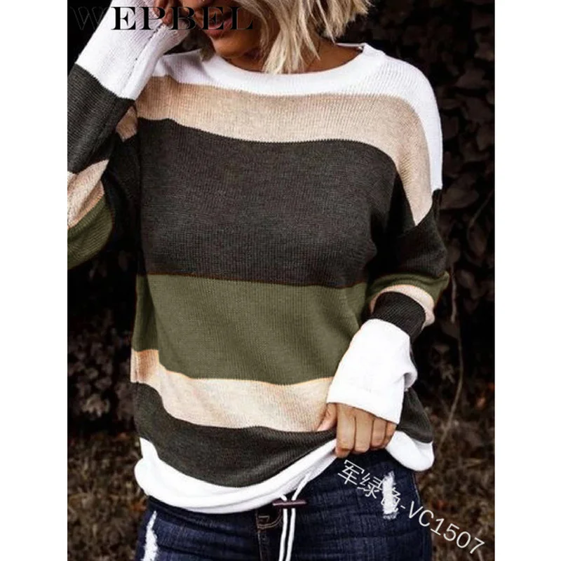 

Mandylandy Women Autumn Winter Fashion Knitted Sweater Casual Lady Long Sleeve O Neck Stripe Knit Pullover Top Knitwear
