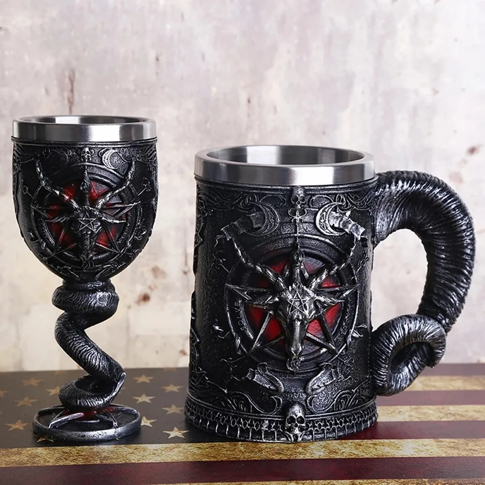 

Stainless Steel Mugbeer Coffee Cup Resin Tea Wine Cupfive-Pointed Star Trumpet Goblet 3D Big Cup Skull Baphomet Drinkware