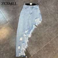zcsmll street denim skirt for woman with individual split ends ripped holes washed design vintage skirts 2021 spring summer