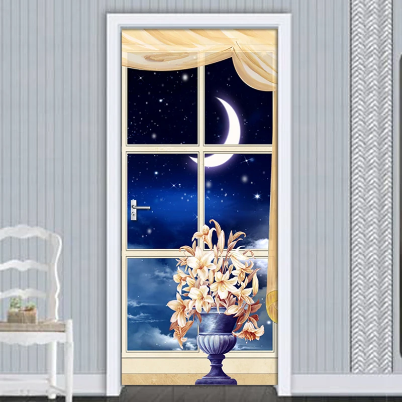 DIY дверь стикер ПВХ водонепроницаемый самоклеющиеся Звездное Окно Луна 3D обои