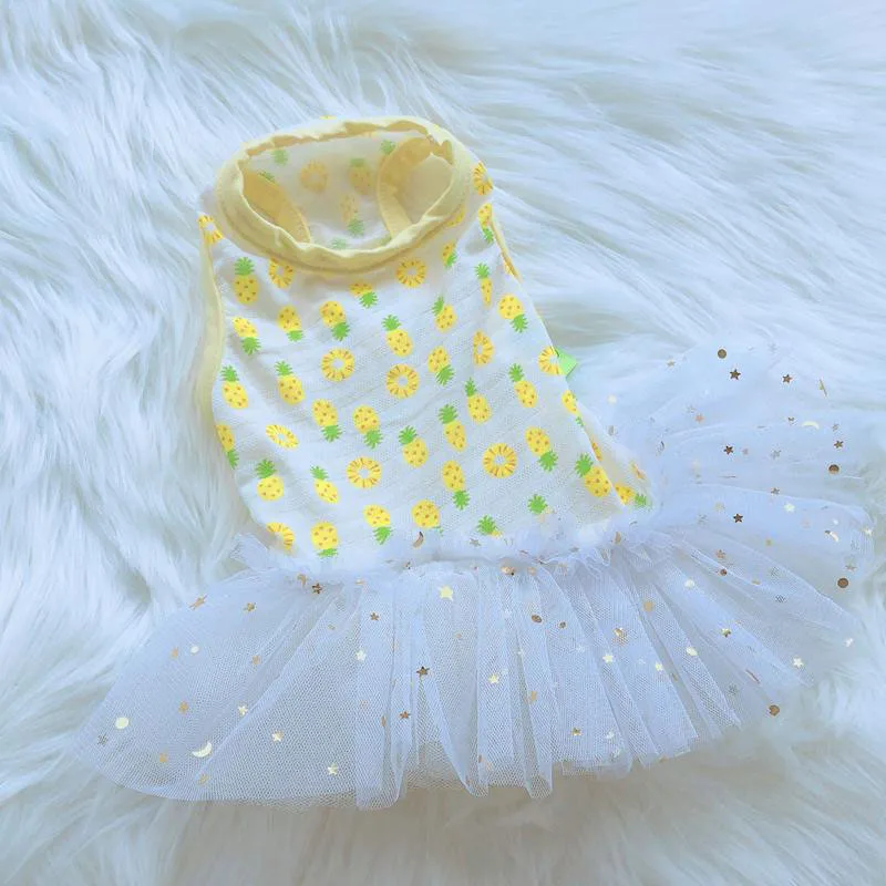 Одежда для собак платье принцессы летнее с принтом бананов и ананасов Тюлевое