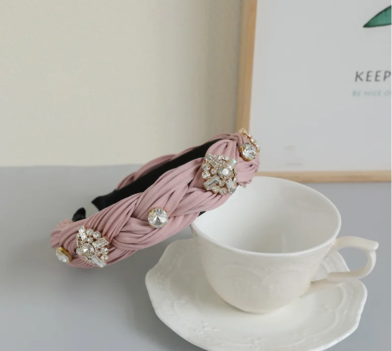

women hairbands solid color pleated fabric diamond-studded pearl twist braid women's wide brim headbands