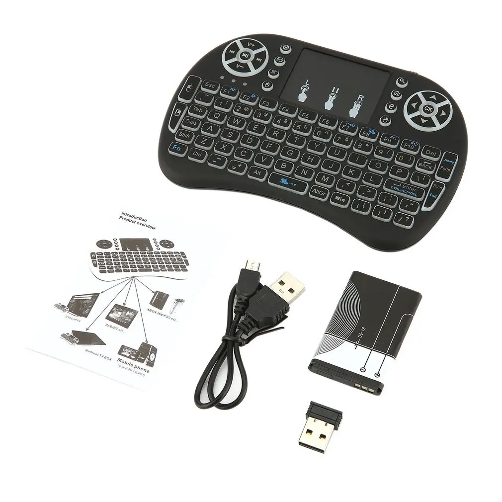 

2.4GHz Mini Wireless Remote Keyboard with Touchpad Mouse for Android TV Box Colourful LED Backlight Rechargable Li-ion Battery