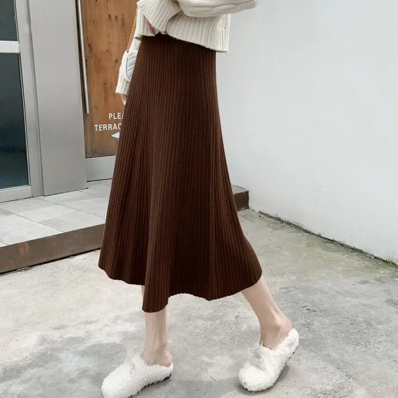 Elegant Midi Pleated Knitted Skirt Women Autumn Winter Korean A Line High Waist Sweater Skirts Female Ladies Grey Black Khaki | Женская