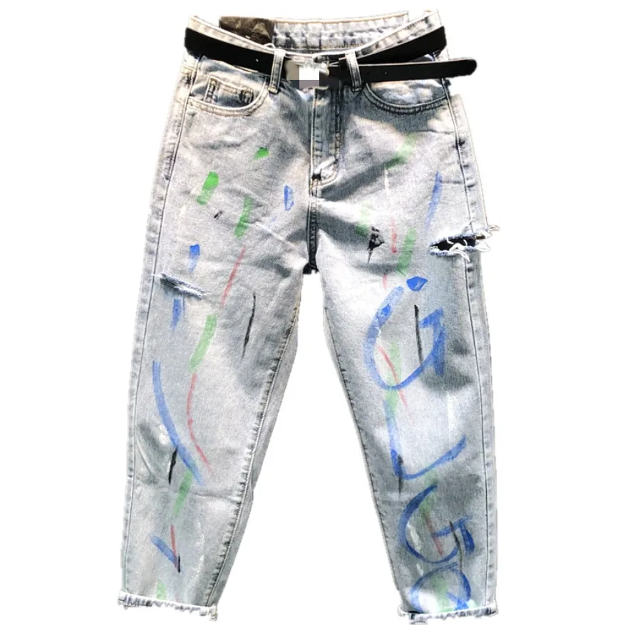 Женские джинсы с дырками и принтом Модные свободные шаровары высокой талией на