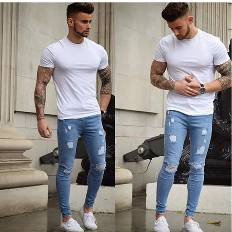 2019 Menswear Solid color Nostalgic Denim Ripped Jeans Slim Stitching Casual Pencil | Мужская одежда