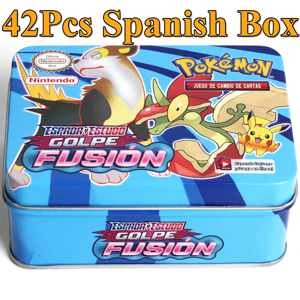 

Spanish Anime 42pcs/set Cards Pokemon Iron Metal Box TAKARA TOMY Battle Game Snorlax Gengar Eevee Cartoon Kids Christmas Gifts