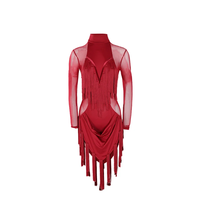 Women'S Latin Dance Dress Sexy Mesh Tassel Long Sleeve Ballroom Dresses Dancing Costumes Danse Salsa Performance Outfits DWY3293 |