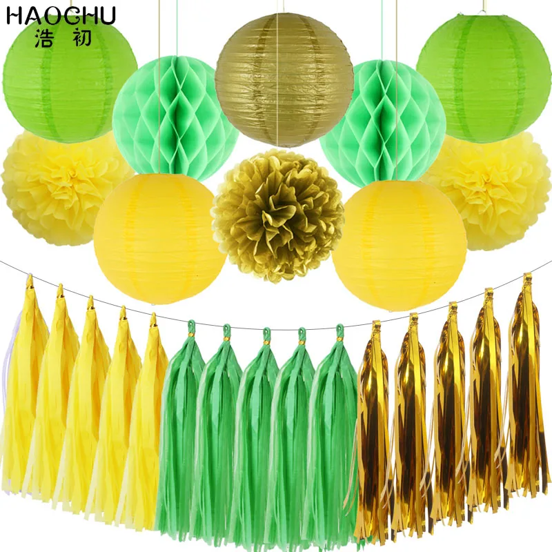 Yellow Green 25pcs/set Gold White Round Hanging Paper Ball Lanterns Honeycomb Tissue Pom Poms Tassel Birthday Wedding Theme Party Decorations - Цвет: Yellow Green