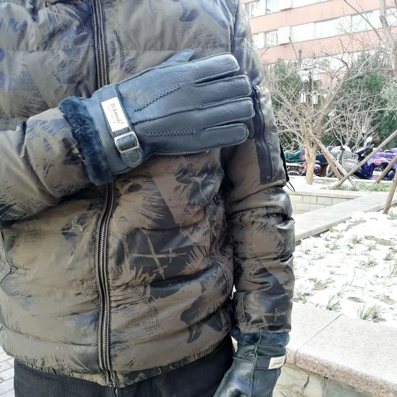 Овчина меховые перчатки мужские толстые зимние теплые уличные ветряные и холодные ручной работы Швейные кожаные перчатки для пальцев бренд Bickmods
