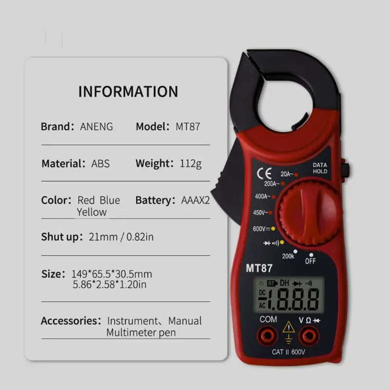 

Portable MT87 Digital Clamp Ammeter Multimeter With Measurement AC/DC Voltage Tester (AC Current) Resistance Multi Test HX6C