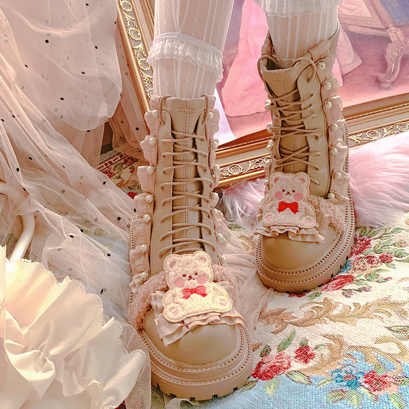 

Women Milk tea color Bear Martin boots Autumn Lolita Sweet Princess Lace up Booties Round toe Thick-soled Platform Ankle Boots