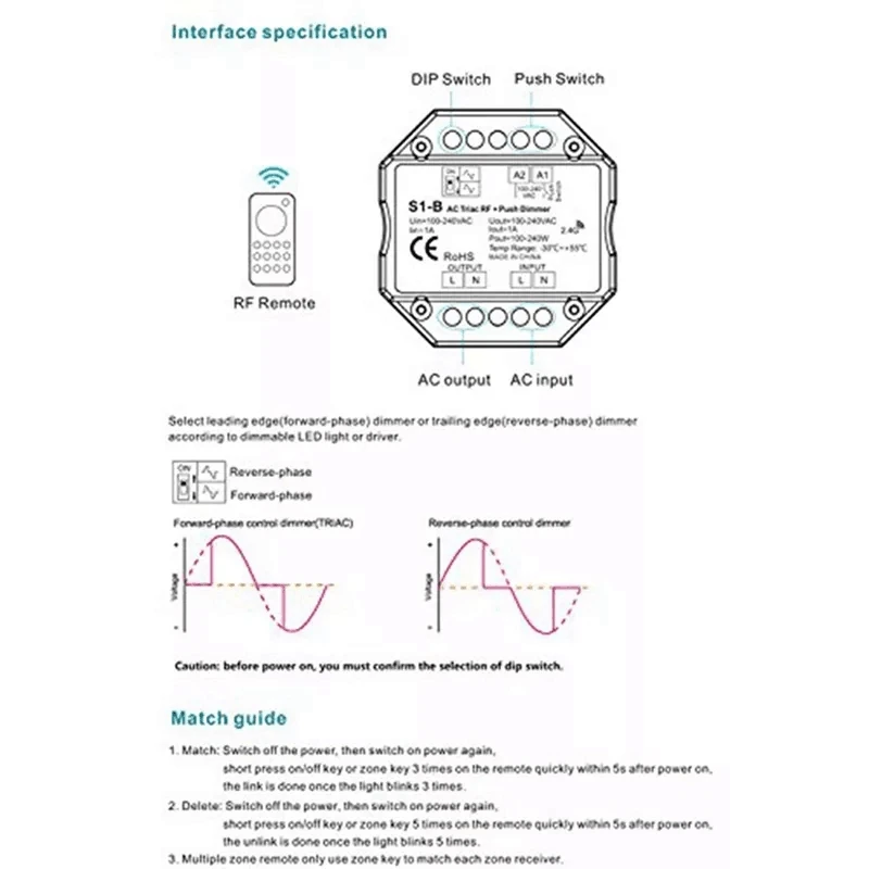 Светодиодный диммер S1-B LED Triac RF Диммер 100-240V AC 2 4 ГГц беспроводной светодиодный
