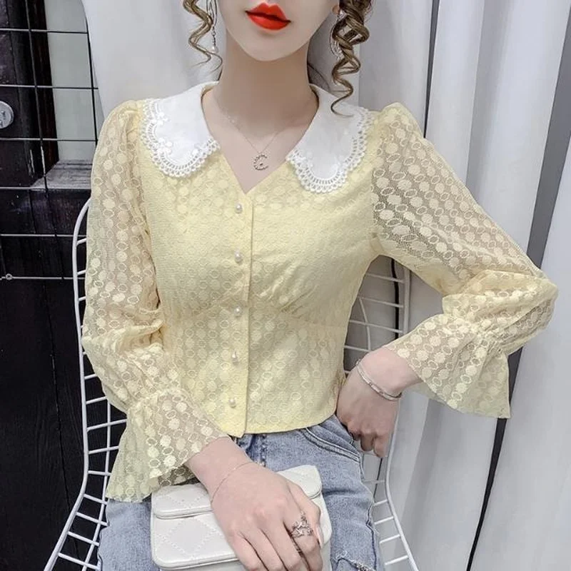 

Женская блузка в горошек, с воротником-стойкой и оборками