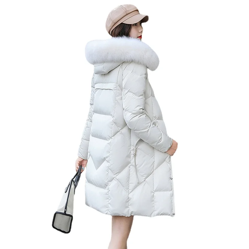 Женский пуховик средней длины повседневный толстый с капюшоном и воротником из