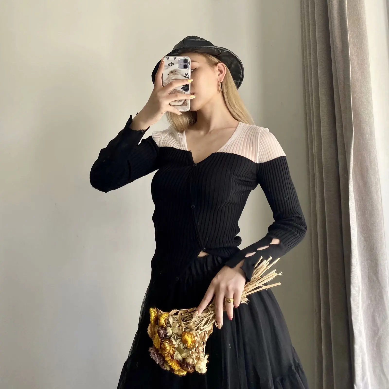 insNet Red European and American Autumn Women's All-match Irregular Color Matching Sweater Cardigan Top853-6748 | Женская одежда