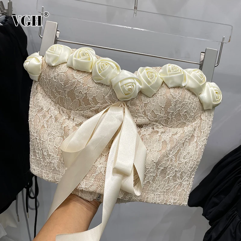 

VGH Elegant Apricot Patchwork Lace Bowknot Vests For Women Slash Neck Sleeveless Korean Short Slim Tank Tops Female 2021 Fashion