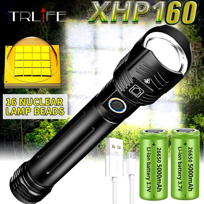 Мощные 16-ядерсветодиодный фонарики XHP160, 10000 мАч, XHP110, USB перезаряжаемые тактические фонарики, фонарик с зумом, с батареей 26650/18650 - изображение