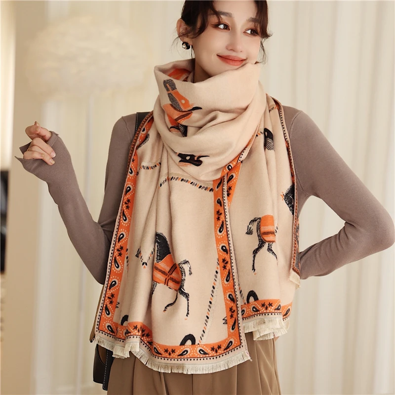 

Зимние шали из пашмины, кашемировый шарф для женщин 2022, Роскошные теплые пледы с принтом лошади, брендовые толстые хиджабы, палантины