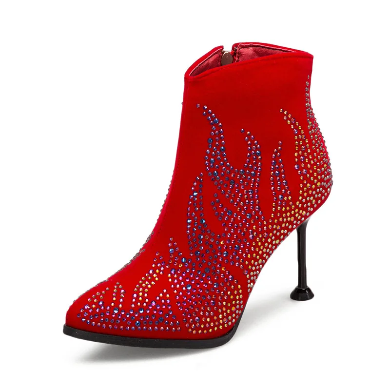 

2020 fashion new autumn slim high heel boots red boots pointed diamond boots large size