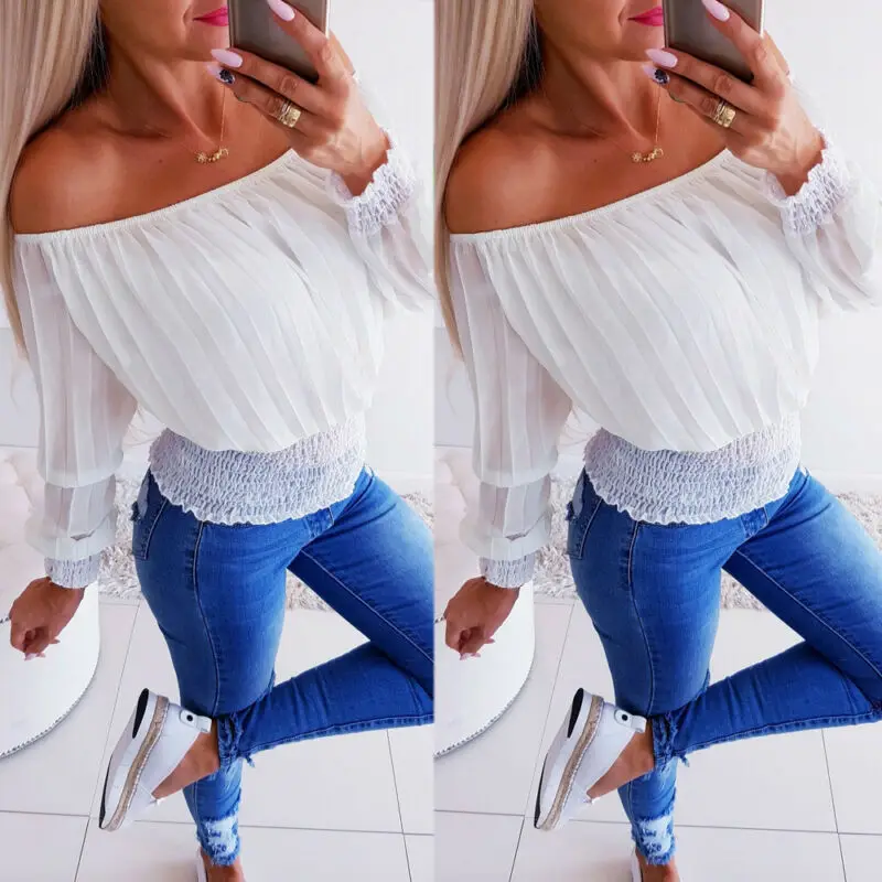 Модная одежда женская с открытыми плечами длинным рукавом Тонкая Осенняя мода