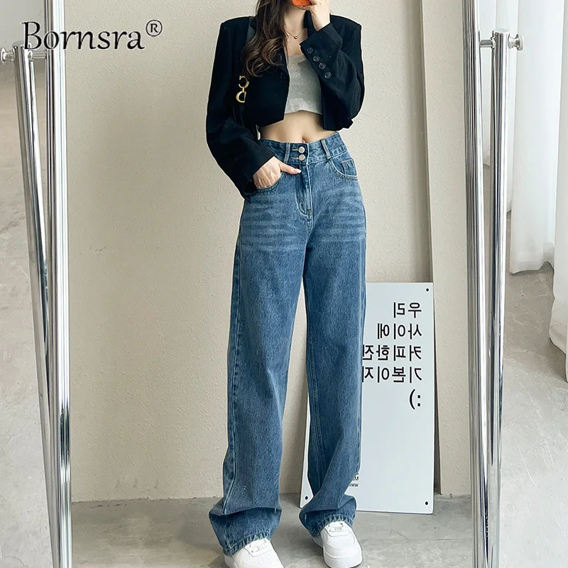 

Bornsra Vintage High Waist Straight Jeans Pant for Women Streetwear Loose Female Denim Jeans Buttons Zipper Ladies trouser 2022