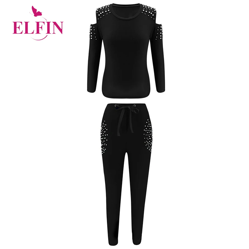 

2020 Harajuku Women Tracksuit 2 Piece Outfits Hollow Out Beading Solid O-Neck Long Sleeve Top+Drawstring Pencil Pants SJ4746R