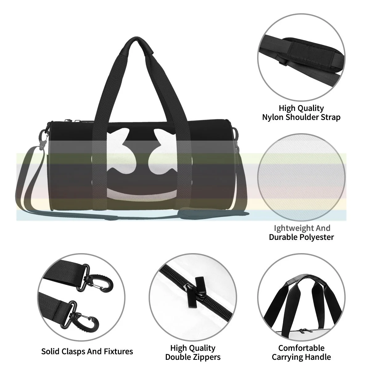 

Print Marshmallow Face Big universal travel sports fitness shoulder bag. Nylon portable outdoor sports bag.