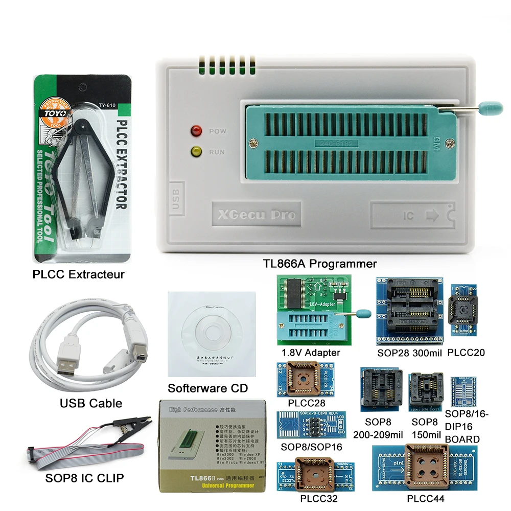 TL866II плюс универсальный программатор+ 28 адаптеров+ SOP8 IC клип Высокая скорость TL866 Flash EPROM программатор - Цвет: with 12 adapter
