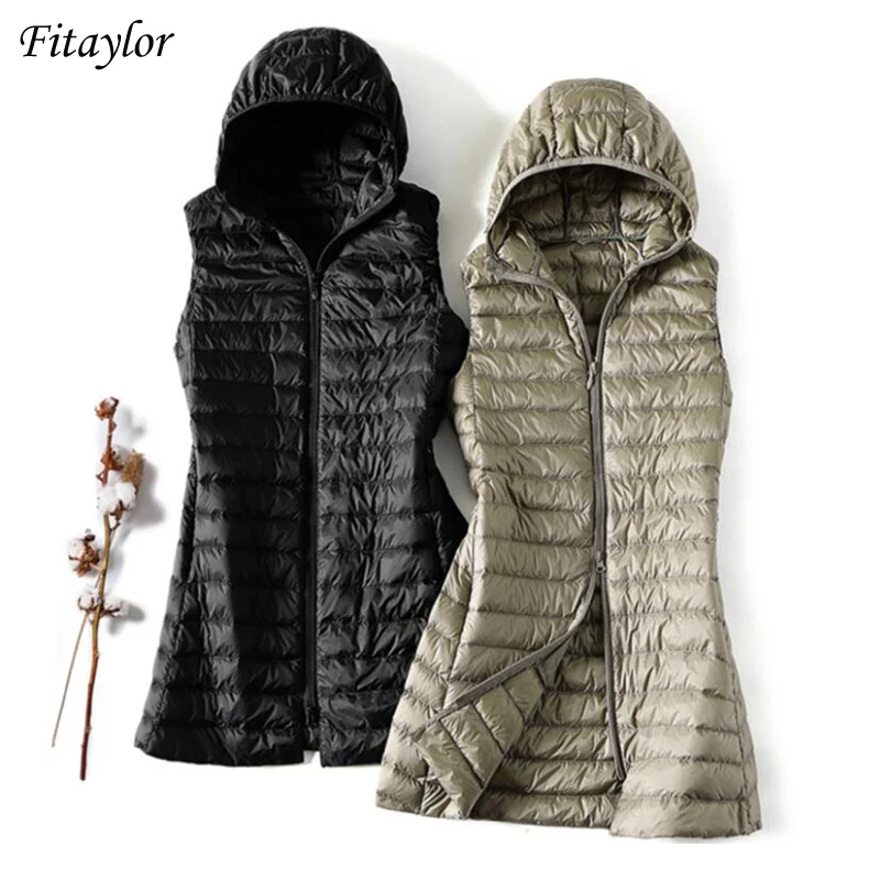

Fitaylor Winter Ultra Light Long Hooded Down Vest Jacket Women Plus Size 3XL Jacket Autumn Casual Slim Waistcoat Sleeveless Coat