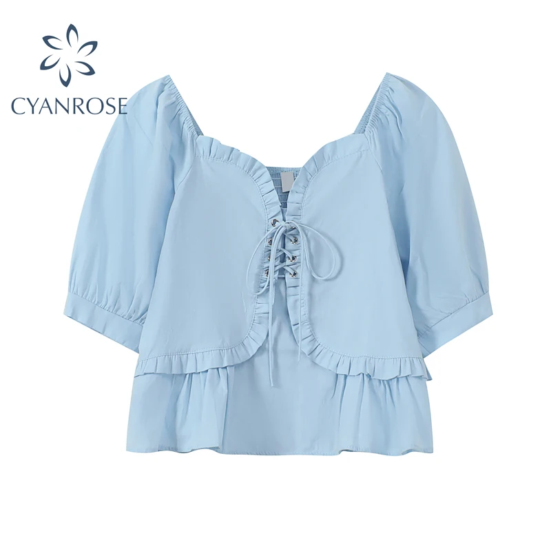 Летние милые рубашки для женщин французский квадратный воротник футболка с