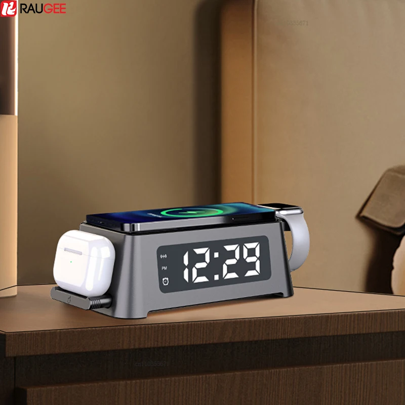 Estaci&oacute;n de carga inal&aacute;mbrica 3 en 1 con reloj despertador Led, 15W, para iPhone 13/12/11 Pro Max, Apple Watch, Airpods 3/Pro-0