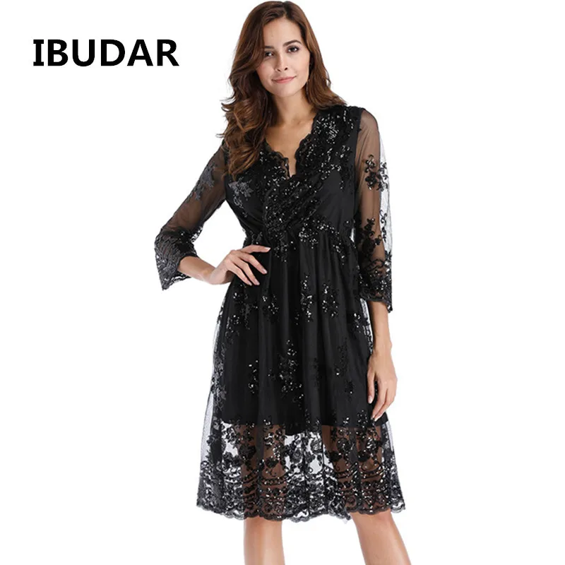 

Sexy V-Neck Big Swing Sequin Dress Women Vestido Solid Color Plus Size Mujer Slim Was Thin Long Sleeve Lace Dress Dropshipper