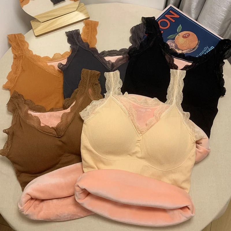 Close fitting warm vest women's autumn winter Plush thickened heating underwear with breast pad bottom shirt Rac | Женская одежда