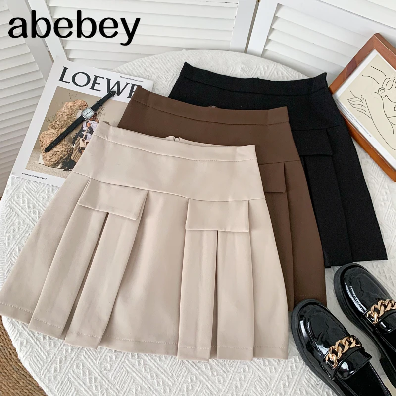 

Fashion versatile solid color Skirt fake pocket decoration high waist casual short A-line Pleated Skirt 2021 New Summer