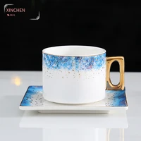 creative starry sky mug and saucer set fashion luxury ceramic cup with golden handle and spoon creative office tea cup