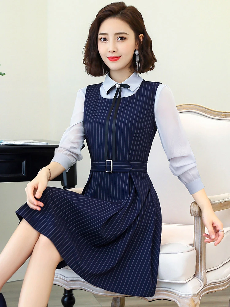 Модный Полосатый деловой костюм OL для женщин с платьем и блузкой комплект