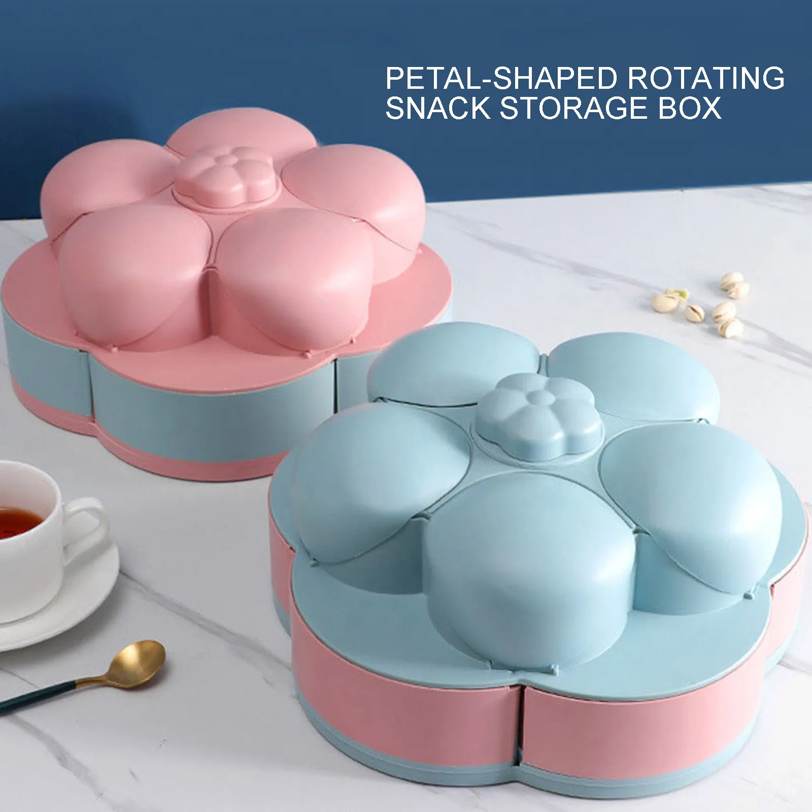 

Petal Shape Rotating Snack Box Candy Tray Food Storage Box Wedding Candy Plates Double Layer Nuts Dried Fruit Organizer Case