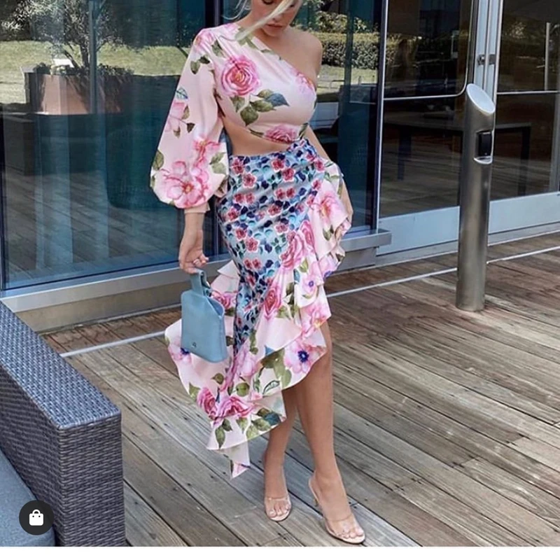 

STYLISH Lady Floral Printed Irregular 2 Piece Set Women One Shoulder Lantern Sleeve Tops and Ruffle Split Skirt Set Beach Outfit