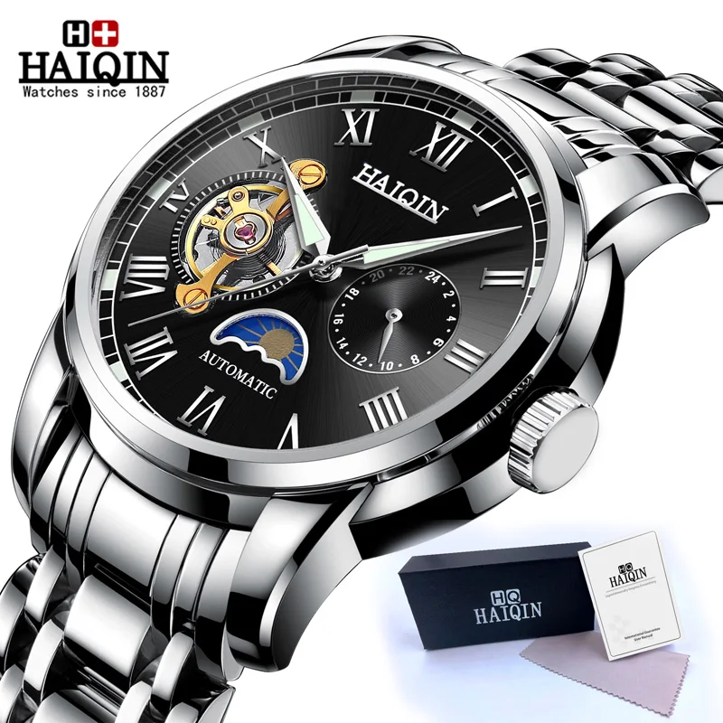 Silver Black S HAIQIN водонепроницаемые мужские часы с скелетом из нержавеющей стали, роскошные брендовые прозрачные механические Спортивные мужские наручные часы - Цвет: Silver Black S