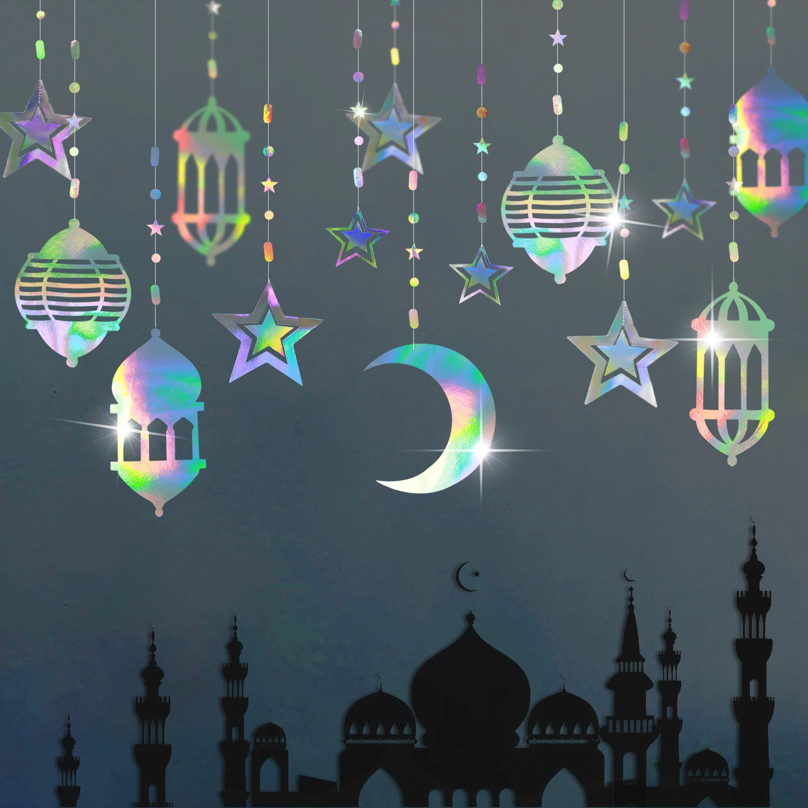 16Pcs Iridescent Mirror Paper Star Moon Lantern Garland Hanging EID MUBARAK Party Islamic Muslim Mubarak Ramadan Wall Decoration