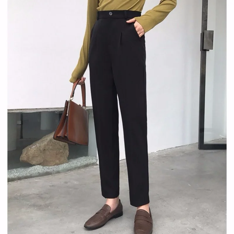 

Black Suit Pants for Women Office Lady Contrast High Waist Pants Causal Autumn Winter Straight Ankel-Length Korean Trousers